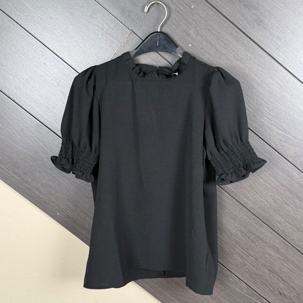 ZENANA Women's Small Black Ruffle Neck Smocked Puff Sleeve Blouse Cottagecore
